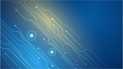 Blue background with various technological elements. Hi-tech computer digital technology concept. Abstract technology communication. Neon glowing lines. Speed and motion blur over dark background.