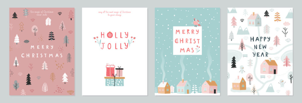 Fototapete - Christmas card set - hand drawn cute flyers. Postcards with lettering and christmas background.
