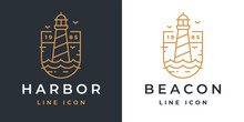 Lighthouse Line Icon. Light Beacon Logo. Nautical Building Emblem. Maritime Harbor Symbol. Coastal Search Light Tower Sign. Vector Illustration.