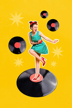 Collage 3d Image Of Pinup Pop Retro Sketch Of Smiling Happy Lady Dancing Turntable Plate Isolated Painting Background