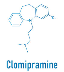 Wall Mural - Clomipramine tricyclic antidepressant drug molecule. Used in treatment of depression, obsessive-compulsive disorder, etc. Skeletal formula.