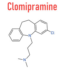 Poster - Clomipramine tricyclic antidepressant drug molecule. Used in treatment of depression, obsessive-compulsive disorder, etc. Skeletal formula.