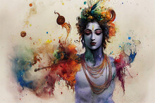 AI Generated Portrait Of Hindu God Lord Krishna Created Using Watercolors 