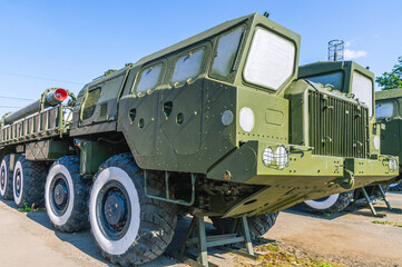 Wall Mural - Soviet and Russian multiple rocket launchers. Field jet system. A combat vehicle on the chassis of a truck. The cabin of the combat vehicle of the multiple launch rocket system. 