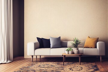 Wall mockup in cozy beige interior background with african furniture and decor, boho style, 3d render