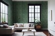 Bright flat with white brick wall and monstera leaves wallpaper in botanic living room