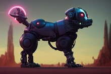A Robot Dog With A Glowing Pink Tail, 3d Illustration