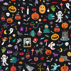 Canvas Print - Halloween doodles seamless vector pattern.