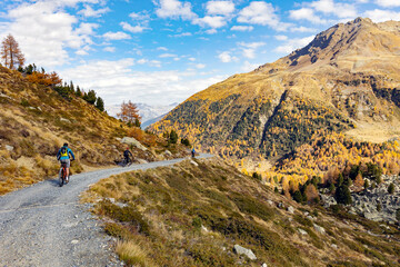 descent with e-bike on a dirt road in autumn