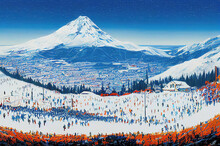 Winter Sport Poster Illustration With A Big Mountain In The Background, Ski Sport With Community