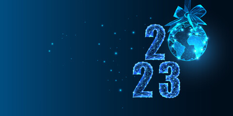 Wall Mural - Abstract 2023 Happy New Year digital web banner template with globe map festive bauble on dark blue
