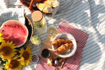 Delicious food and drink on striped blanket outdoors, flat lay. Picnic season