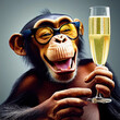 Lustiger Schimpanse mit Sektglas und Brille
