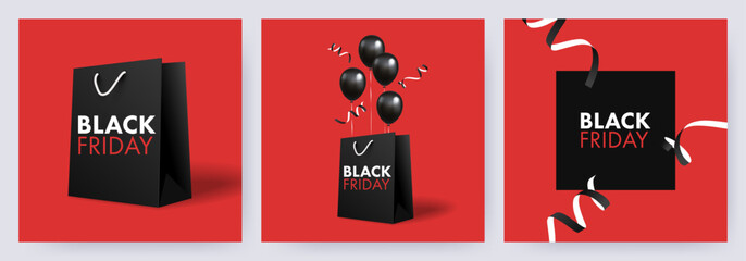 Wall Mural - Black Friday Sale banners. Posters Set in black, red and white colors with 3d realistic helium balloons, black paper bag and modern typography. Minimal template for advertising, social and fashion ads