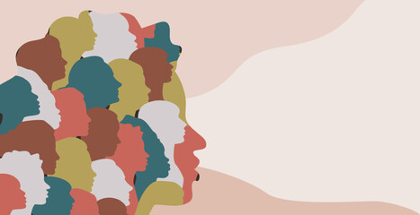 Abstract female head silhouette group of multicolor women profiles inside banner. Text space. Concept of feminist allyship, girls power, diversity and equality. Sisterhood and mutual support. Vector.