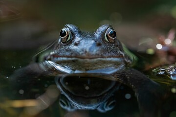 Sticker - Close up of a Common frog's (Rana temporaria) head sitting in the water with its reflection