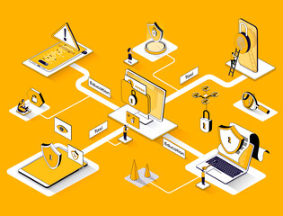 Fototapete - Cyber security isometric web banner. Protect personal data 3d scene design. Modern identification technologies, password access flat isometry concept. Illustration with tiny people characters