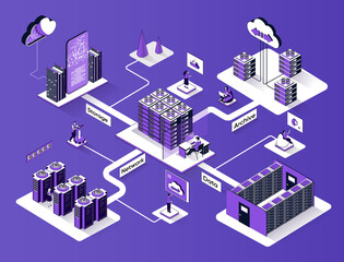 Fototapete - Data center isometric web banner. Networking, database, cloud storage, internet archive 3d scene design. Hardware of server room flat isometric concept. Illustration with tiny people characters