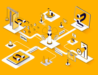 Fototapete - Social media marketing isometric web banner. Communication, online promotion flat isometry concept. Advertising, SMM strategy, trends 3d scene design. Illustration with tiny people characters