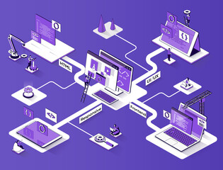 Web development isometric banner. Development software for website flat isometry concept. Frontend, UI UX, coding and optimization, 3d scene design. Illustration with tiny people characters