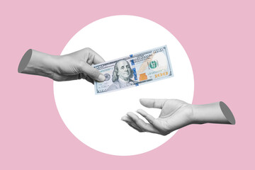 Female hand holding hundred-dollar cash bill passing it on to another person on a pink background. Transfer of money. Shopping, payment for purchases, banking operations. Trendy 3d contemporary art