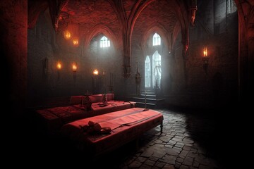 An attractive Transylvanian castle and victorian room decorated with candlesticks is the scene for games in an eerie gothic setting on Halloween. 3D illustration