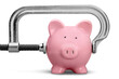 Pink piggy bank and clamp on background