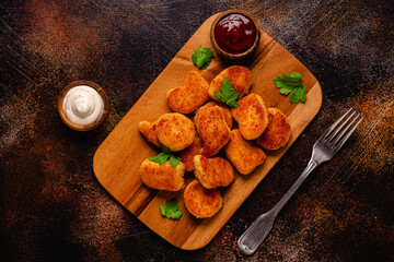 Wall Mural - Fried crispy chicken nuggets on a wooden serving board.