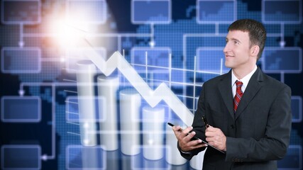 Poster - Business finance graph and young businessman posing