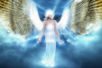 fantasy glowing protective angel with golden wings and blue light