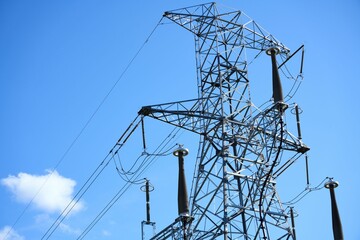 Wall Mural - Low-angle view of a transmission tower with electric wires under the blue sky