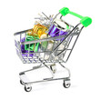 Supermarket trolley with the xmas gifts and velvet drum. Shopping cart isolated on white background. Christmas shopping concept.