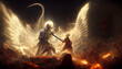 An angel fights with a demon. Eternal battle good vs evil. Inspired by Bible and Egyptian religion. Epic war between God and devil. White wings spread wide. Dark background, apocaliptic scenerio. 