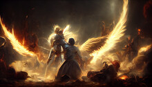 An Angel Fights With A Demon. Eternal Battle Good Vs Evil. Inspired By Bible And Egyptian Religion. Epic War Between God And Devil. White Wings Spread Wide. Dark Background, Apocaliptic Scenerio. 