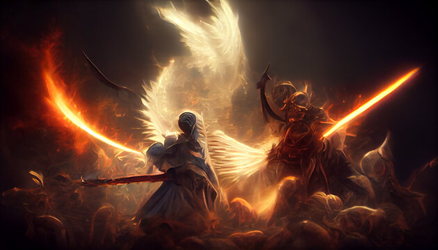 an angel fights with a demon. eternal battle good vs evil. inspired by bible and egyptian religion. 