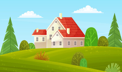 Wall Mural - Country house, huge cottage, construction in nature landscape. Building holiday residence pleasant to live and relax. Family house suburban residence. Modern structure dacha at sunny summer day