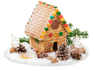 Wall Mural - Christmas Gingerbread Cookie House with  Isolated on White Background.