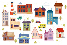 Set Of Cute Tiny Houses. Stylish City Buildings, Trees And Vehicles. Beautiful Little Homes With Modern Facades, Windows And Roofs. Cartoon Flat Vector Collection Isolated On White Background
