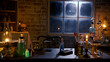 scary halloween laboratory background with glowing and bubbling potions