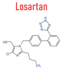 Sticker - Losartan hypertension drug molecule. Skeletal formula.