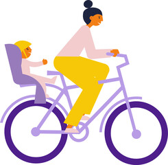 Wall Mural - Mother rides bike with her child who sits in child sit. Flat illustration