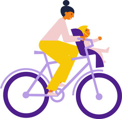 Wall Mural - Mother rides bike with her child who sits in child sit infront of her on a  handlebar. Flat illustration