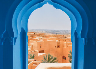 Islamic blue door opening on a landscape of an old city of the Maghreb, north of Africa, 3d illustration