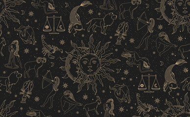 Wall Mural - seamless pattern with zodiac signs. realistic illustration of zodiac signs. horoscope vector illustr