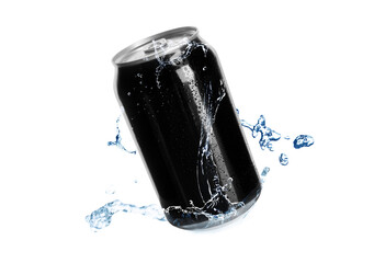 Black aluminum can with splash of water on white background