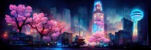 Fantasy Night City Japanese Landscape, Neon Light, Residential Buildings, Big Sakura Tree. Night Urban Fantasy Background. 3D Illustration.