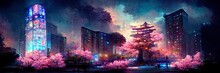 Fantasy Night City Japanese Landscape, Neon Light, Residential Buildings, Big Sakura Tree. Night Urban Fantasy Background. 3D Illustration.