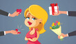 Attractive Blonde Woman Receiving Courtship. Gestures Vector Cartoon Illustration

Funny indecisive sexy girl thinking about multiple love interests 
