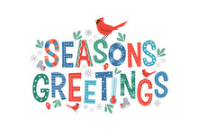 Colorful Lettering Seasons Greetings With Cardinals And Decorative Winter Design Elements. For Banners, Cards, Social Media And Invitations.