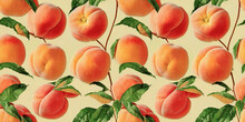 Fruit Pattern. Seamless Pattern Of Peach And Leaves. Vintage Botanical 3d Illustration.